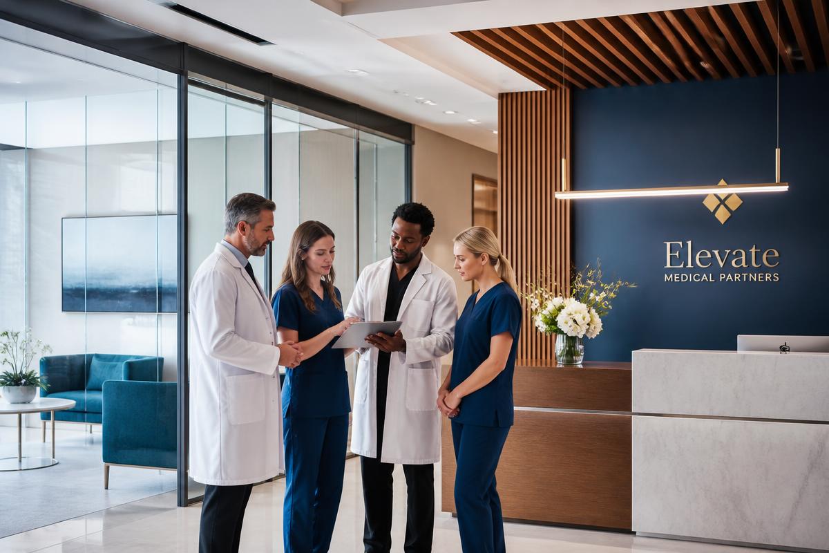 Equipe de sócios de clínica médica em reunião na recepção