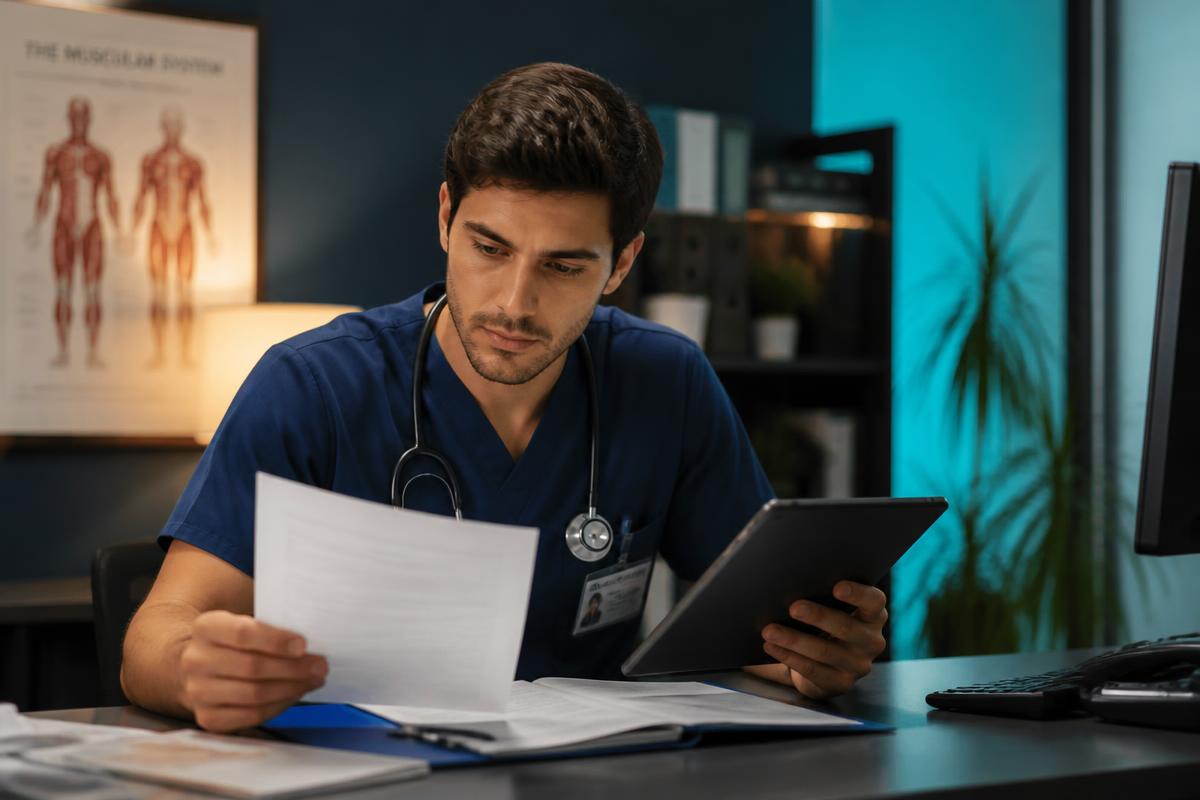 Médico plantonista organizando documentos e notas fiscais do consultório